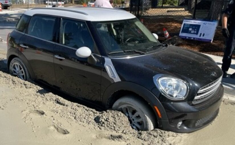 Stolen MINI Cooper Stuck In Wet Concrete Before Driver Flees The Scene With Child And Whiskey Bottle